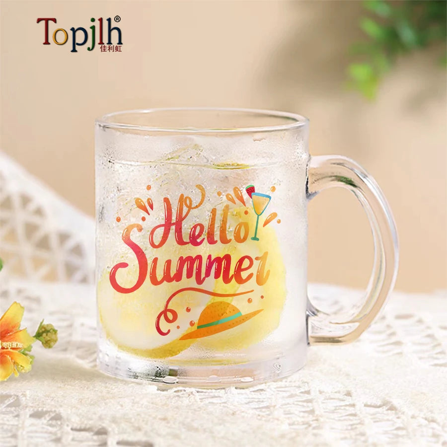 Topjlh Wholesale 11oz Customized Logo Sublimation Blank Transparent Clear Glass Coffee Mug with Handle for Office
