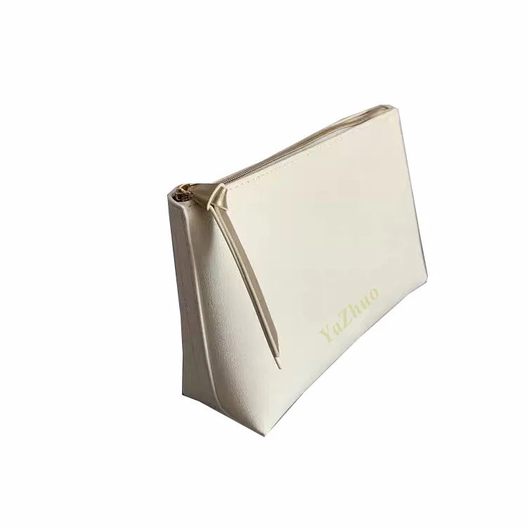 New Series Custom Logo Cosmetic Bag Beige PU Leather Cosmetic Pouch Zipper Soft Toiletry Travel Organizer Bag for Promotion