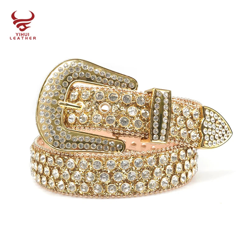 Custom Logo Designer Bling Bling Diamond BB Belt Men Luxury PU Leather Golden Glitter Rhinestone Belts for Western Cowboy
