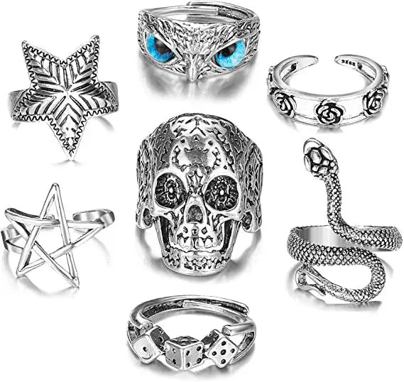 Mens Vintage Open Rings Set Frog Snake Skull Cool Punk Goth Ring for Men Women Girls Adjustable