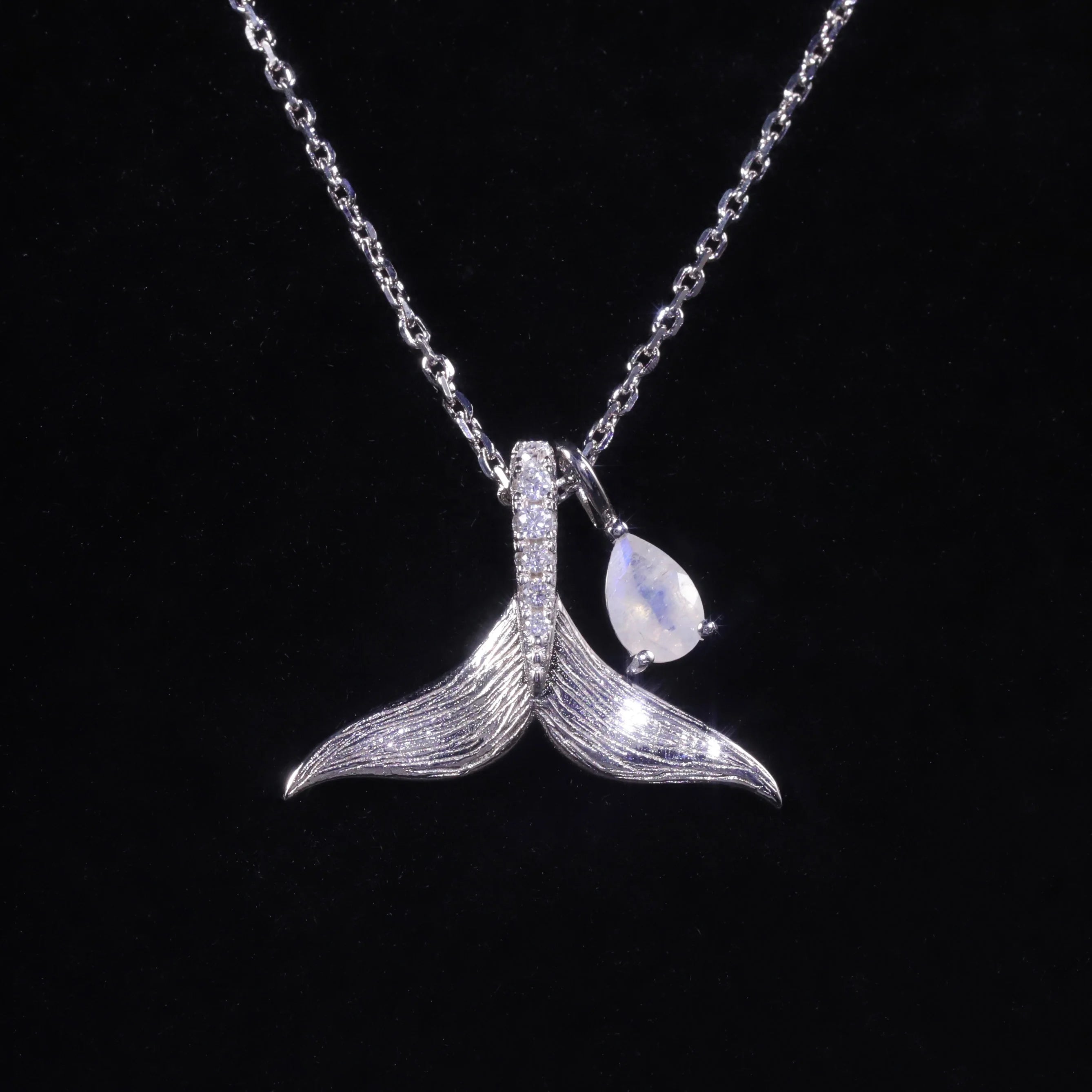 C8160 Abiding Hot Sale Real 925 Sterling Silver Mermaid Tail Pendant Necklace with Teardrop 4x6MM Moonstone