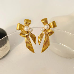 New Style Pearl Bow Earrings for Women's Joyas De Acero Inoxidable Stainless Steel Gold Plated Earrings
