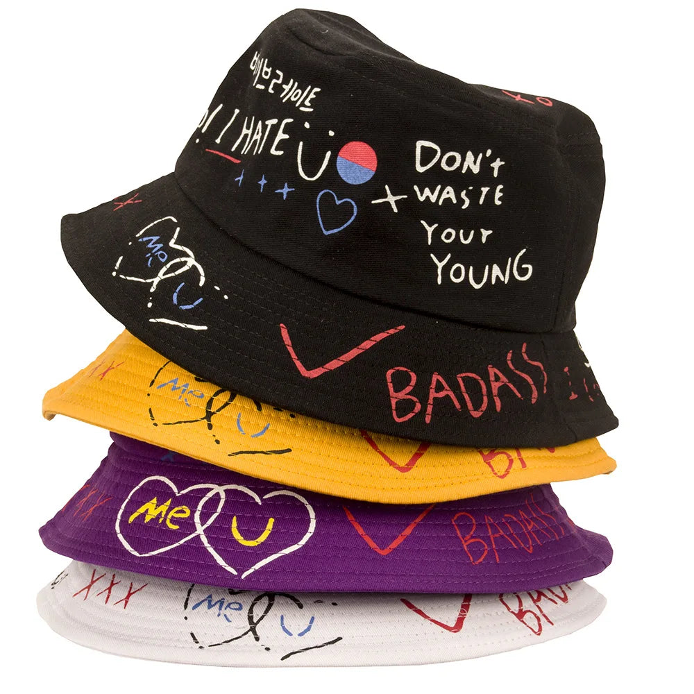 Peach Heart Double-sided Fisherman's Cap Women's Graffiti Print Bucket Hat