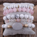 5pc Beautiful Crystal Glass Beaded Bracelet Set pink Quartz CZ Spacer White Howlite Druzy Stack Bracelet Sets