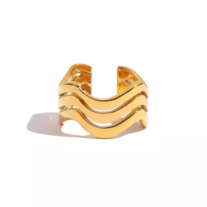 Chunky Multi Three Layer Water Wave Hollowed 18K PVD Gold Plated Stainless Steel Opening Ring