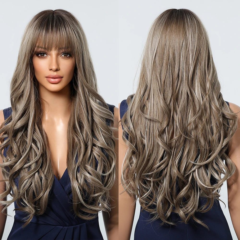 Stock Heat Resistant Fiber Dark Brown Gray Large Wave Curly Synthetic Wig Curly Hair Matte High Density for Everyone