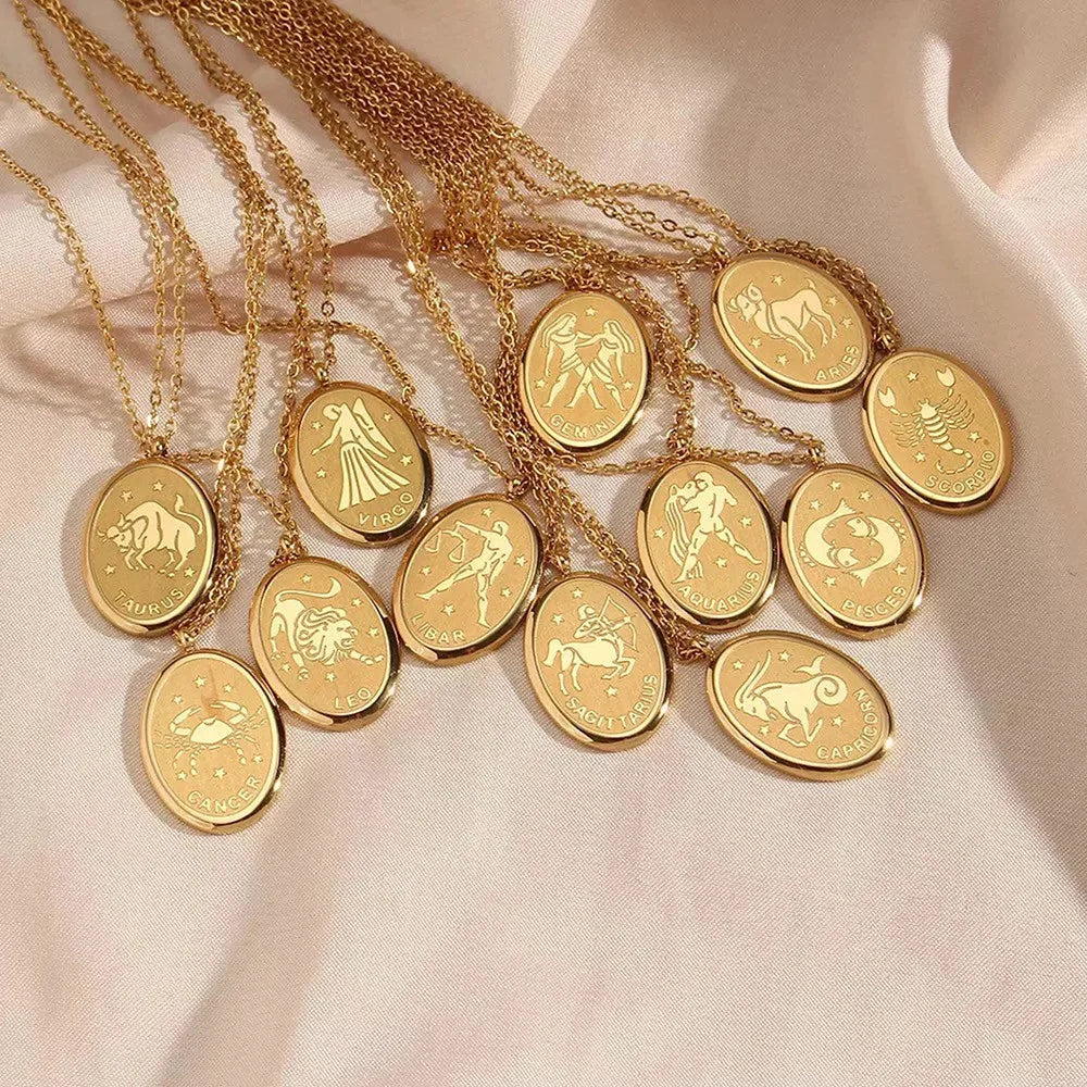 Mid-century Art Sweater Chain Stainless Steel Gold Plated Necklace Vintage Oval 12 Zodiac Necklace for Women Men