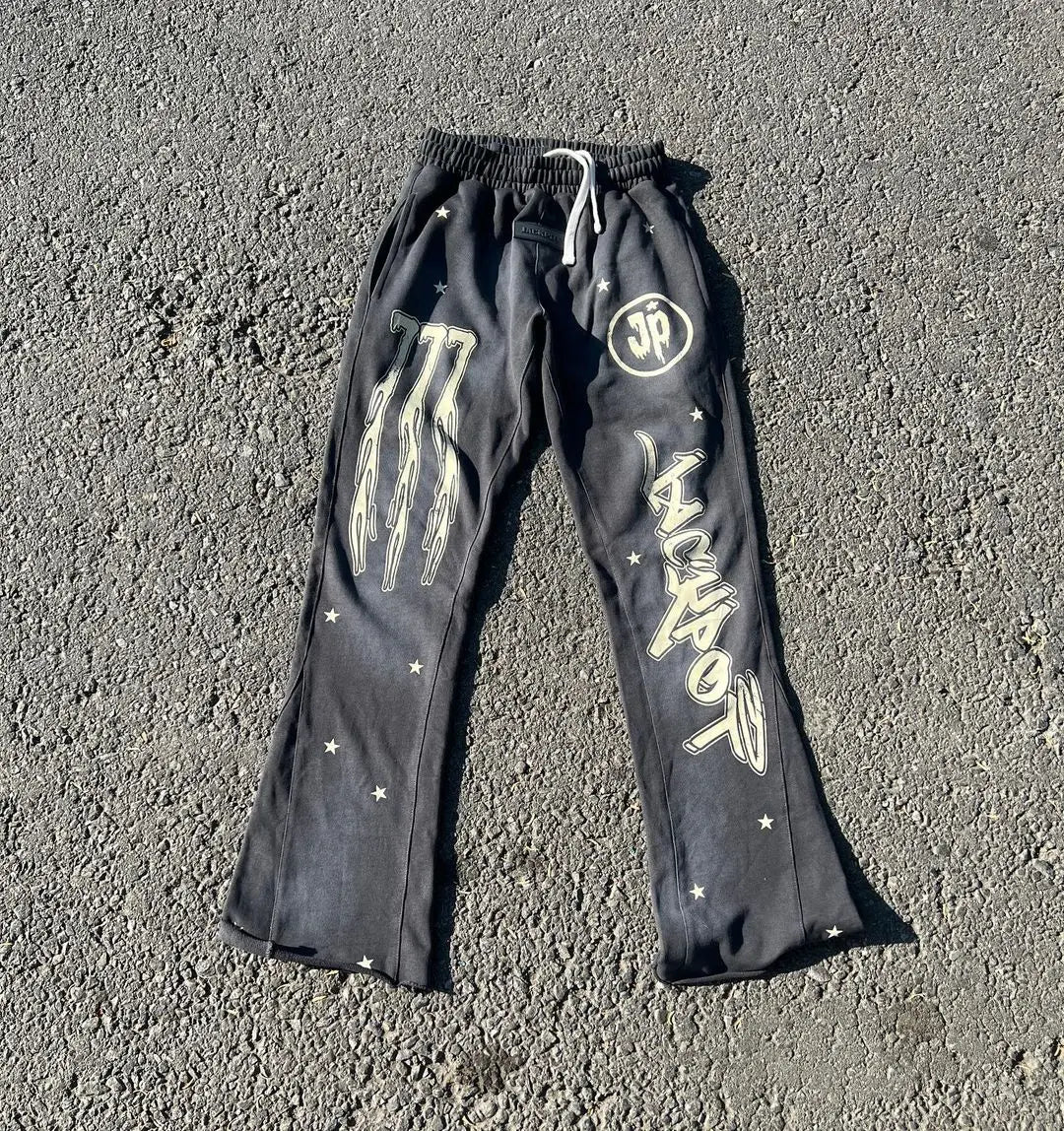 Custom High Quality 100% Cotton French Terry Drawstring Vintage Distressed Screen Print Stone Acid Washed Flared Sweatpants Men