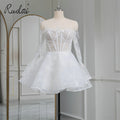 Ruolai QW01967 Ostrich Feather 3D Flowers Off Shoulder Mini Bride Wedding Dress Sequins Lace Short Wedding Dresses for Women