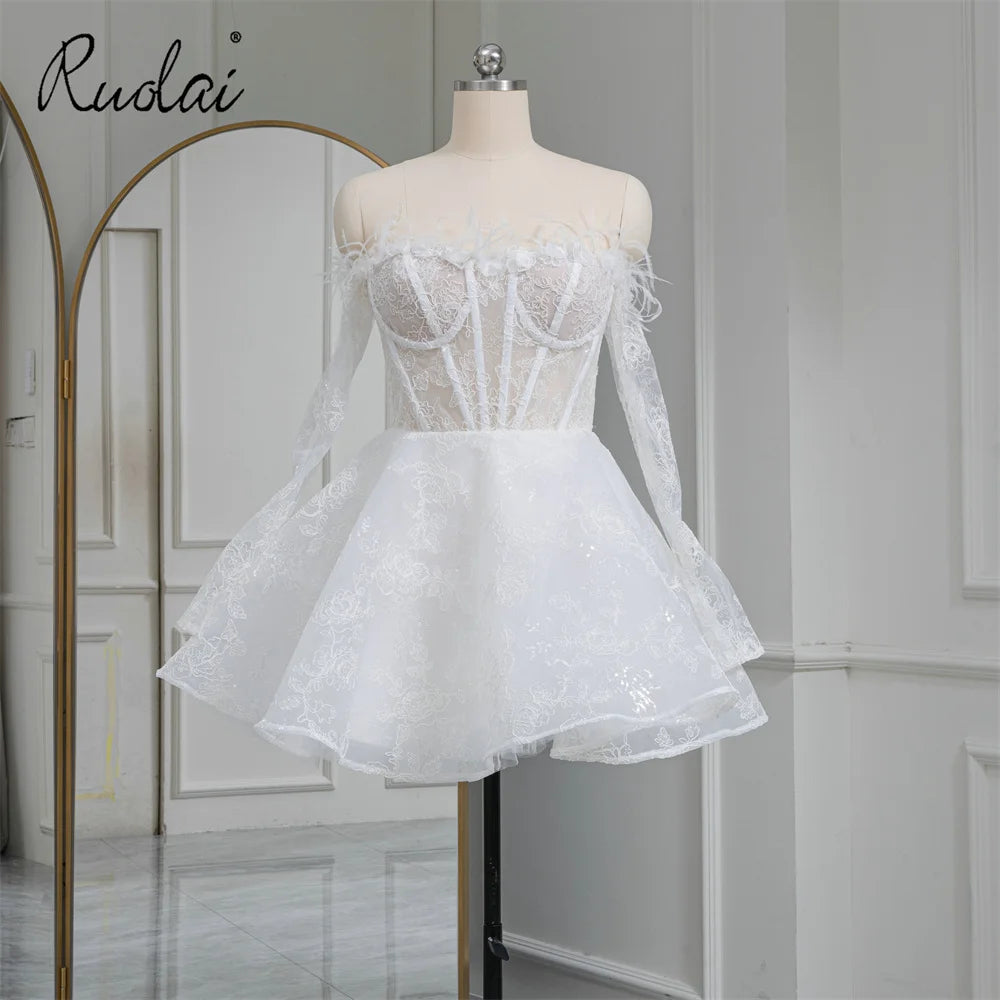 Ruolai QW01967 Ostrich Feather 3D Flowers Off Shoulder Mini Bride Wedding Dress Sequins Lace Short Wedding Dresses for Women