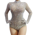 Sexy See Through Crystal Rhinestone Jumpsuit With Gloves Plus Size Fashion Pole Dancer Leotard Women Club One Piece Bodysuit