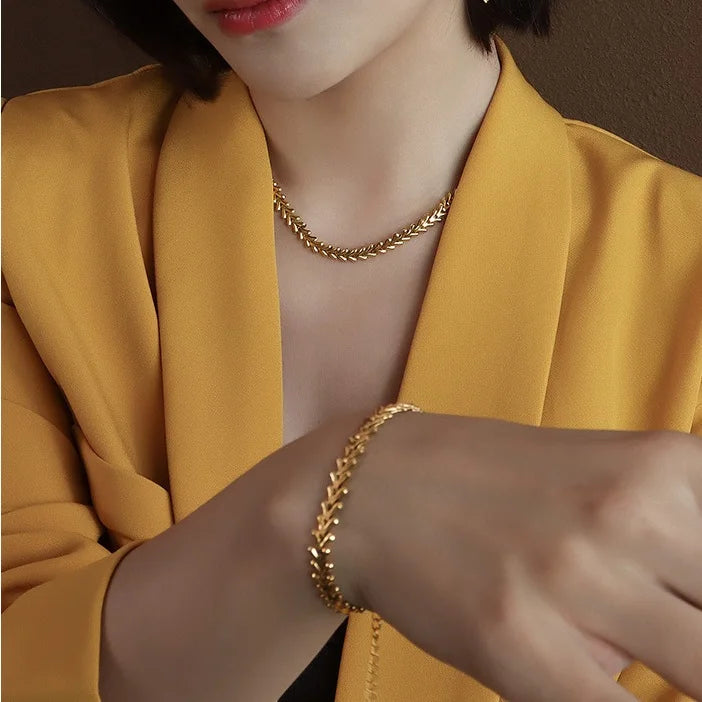Unique Personalized Dainty Gold Plated Leaf Stainless Steel Herringbone Necklace Jewelry Bangle Sets