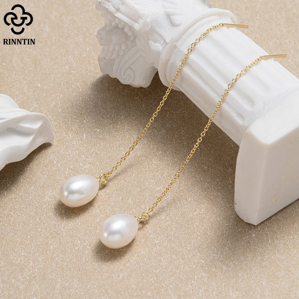 RINNTIN GPE75 2023 Luxury 14K Gold Plated 925 Sterling Silver Fashion Pendant Pearl Tassel Drop Earrings