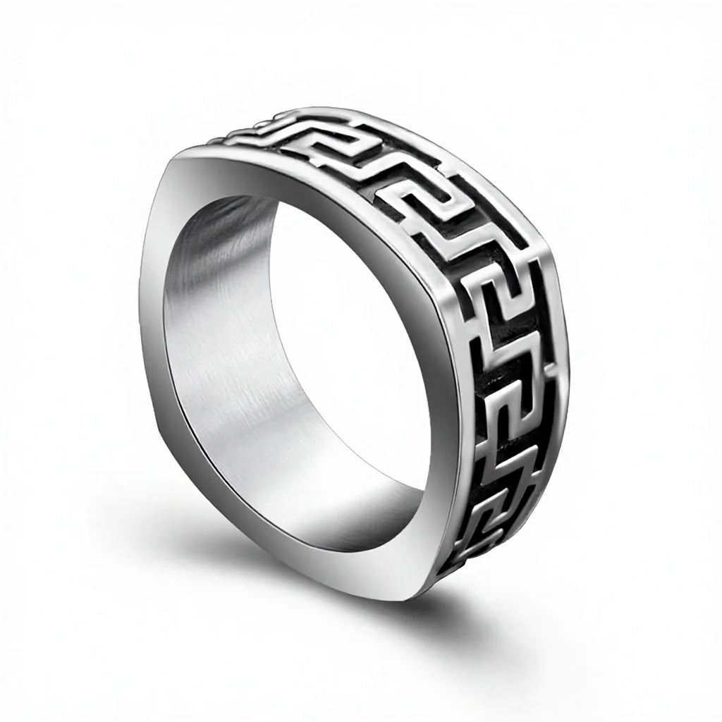 Custom 316L Stainless Steel Rings Real U Fashion Classic Greek Key Textured Band for Boys 7.5mm Polished Band
