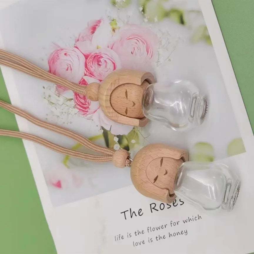 Environmentally Friendly Recyclable 8ml10ml Car Perfume Bottle Wooden Cute Doll Refillable Essential Oil Glass Bottle