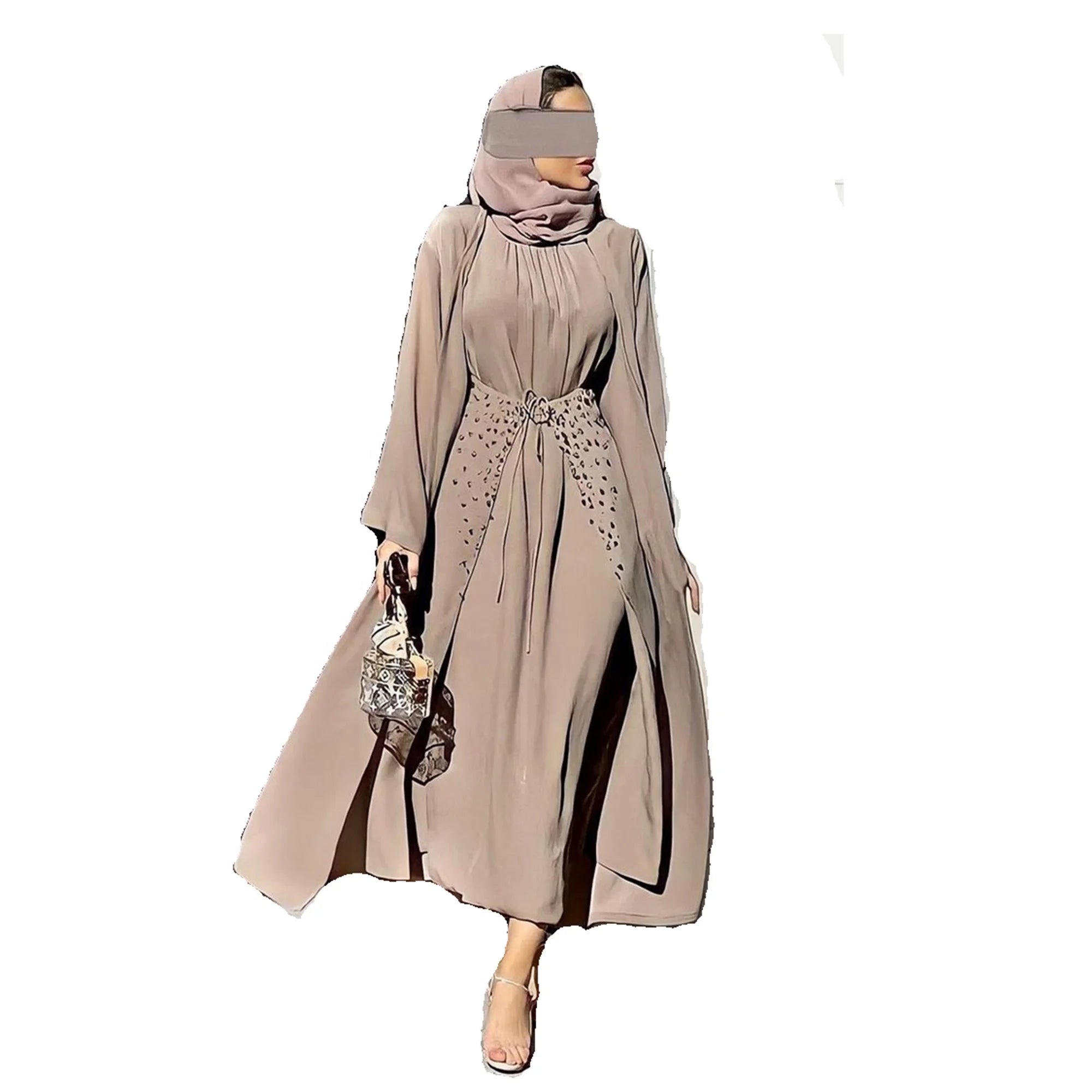 2021 NEW WOMEN FASHION MUSLIM SETS 3 PIECE MATCHING OUTFIT LONG SLEEVE DRESS WRAP SKIRT KIMONO OPEN ABAYA WITH RHINESTONES