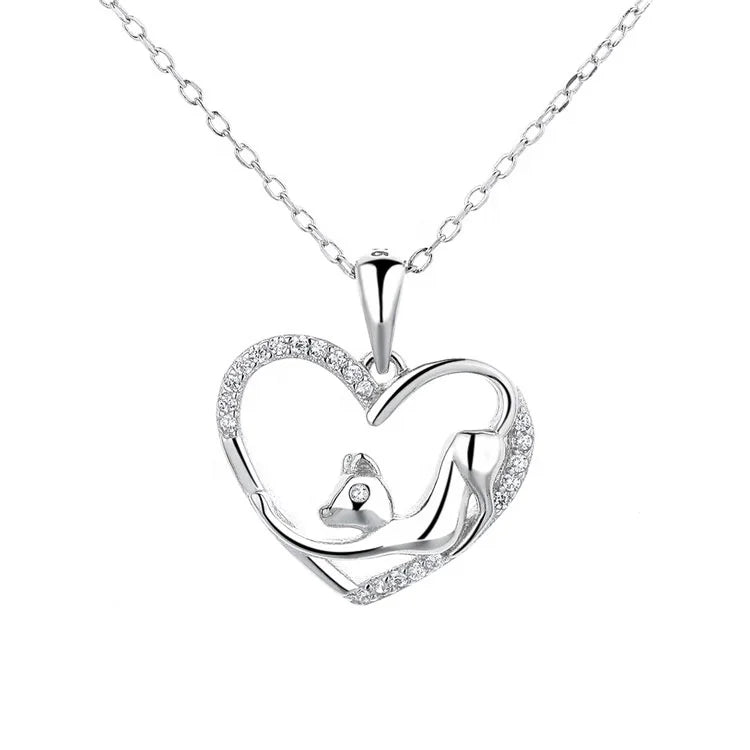 Wholesale Sterling Silver 925 Simple Heart Pendant with Cute Doggy Necklace for Women