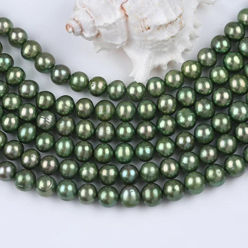 Natural 9-10mm Green Freshwater Pearls Grade a Potato Shape Third Party Certified Strands for Jewelry Making
