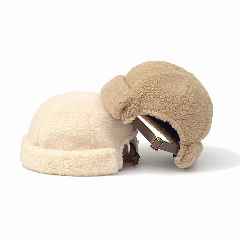 Custom Logo Winter Warm Plush Adjustable Leather Strap Docker Hat Faux Teddy Fur Blank Brimless Cap