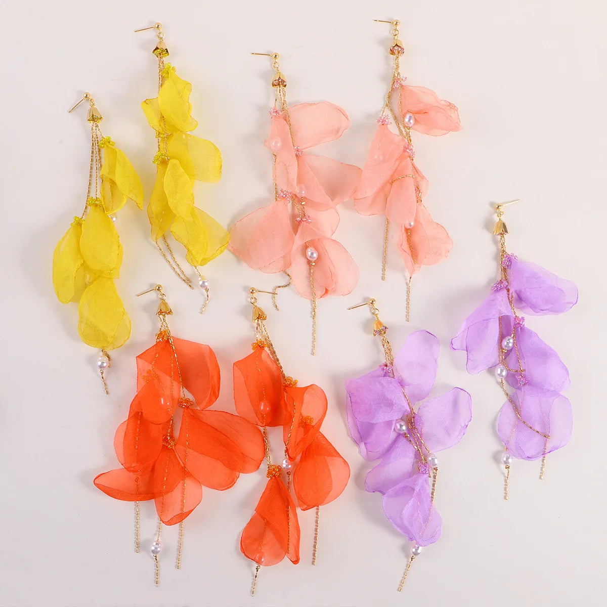 Kaimei 2022 Earring Super fairy Fabric Mesh Petal Earrings Light Luxury Chiffon Long Dangle Bridal Fabric Drop Flower Earrings