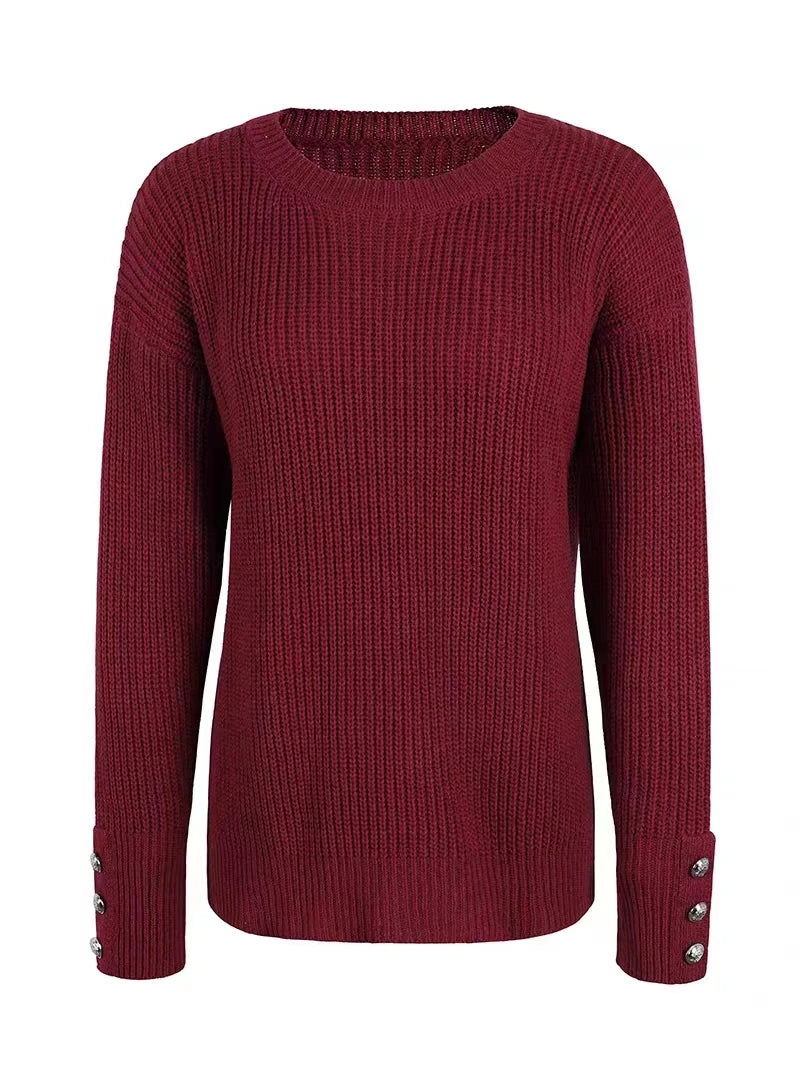 S-5XL Women O-neck Pullover Knitted Tops Button Boho Plus Size Casual Long Sleeve Pull Female Solid Sweaters Pullovers Knitwear