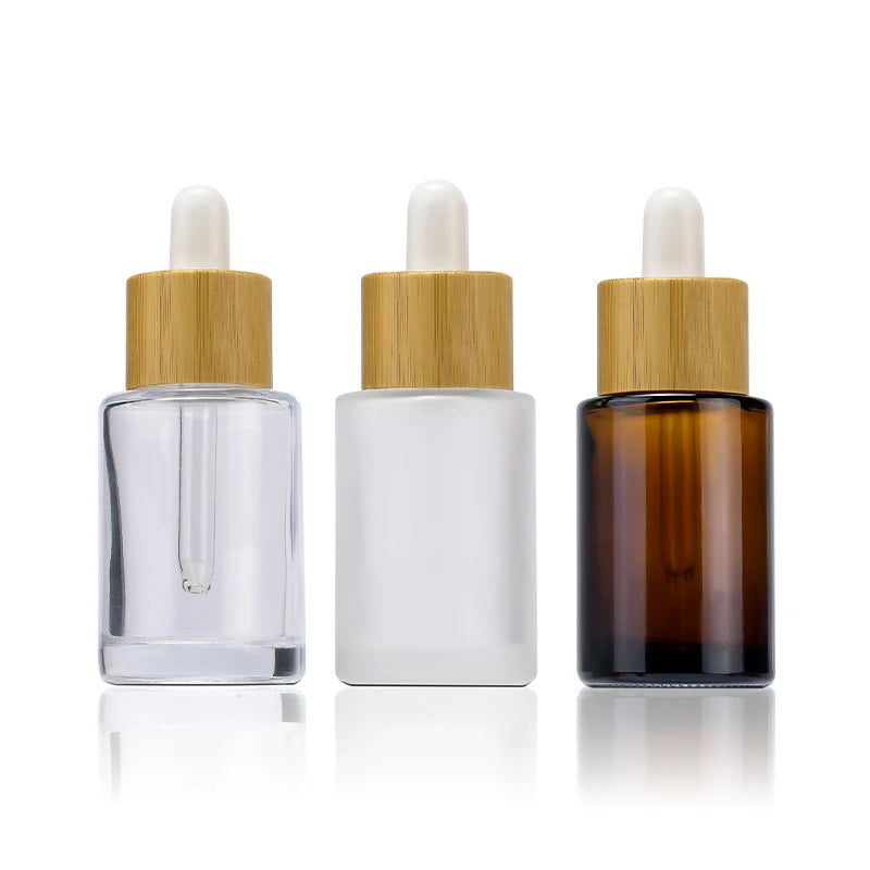 Skin Care Serum Essential Oil 20ml 30ml 50ml 60ml 100ml  Frosted Amber clear Glass Dropper Bottle with Bamboo Lid