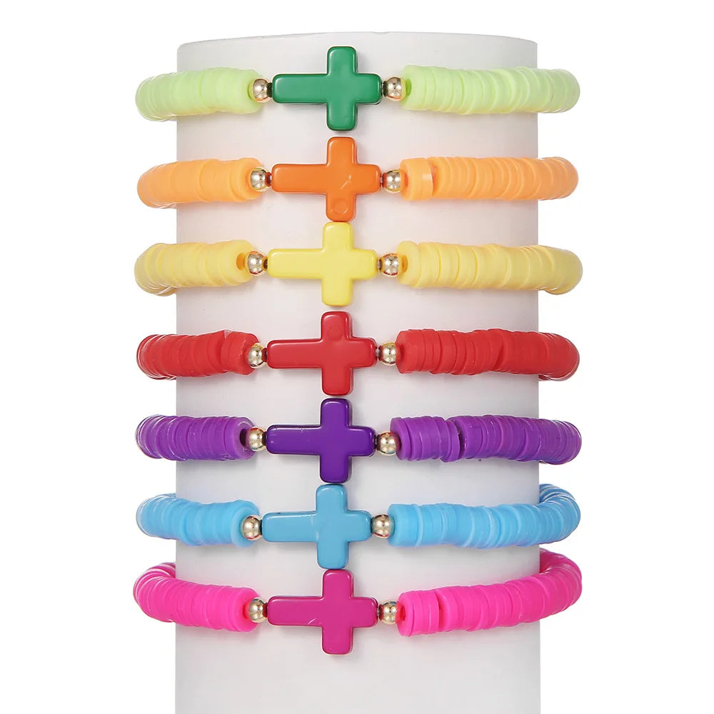 7pcs/Set High Quality Elastic Custom Design Colorful Silicone Beads Bracelet Bangle Clay Beads Cross Bracelet for Women