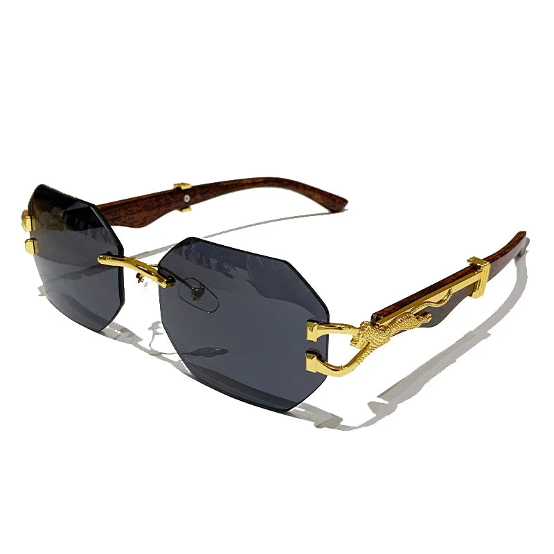 STORY STY88662 2024 New Vintage Rimless Sun Glasses Wood Grain Temples Polygon Eyewear Luxury Brand Designer Driving Sunglasses