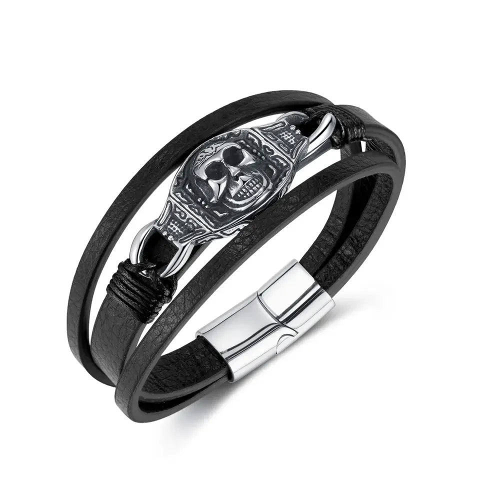 Punk Skull Leather Bracelet With Stainless Steel Magnetic Clasp Black Cowhide Multi-layer Genuine Leather Men's Bracelet PH1528