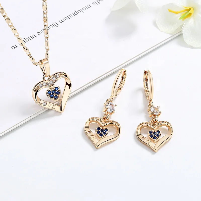 Free Shipping Luxury Heart Shaped 18K Gold Plated Clover Wedding Display Heart Crystal Fine Jewelry Jewelry Sets for Women