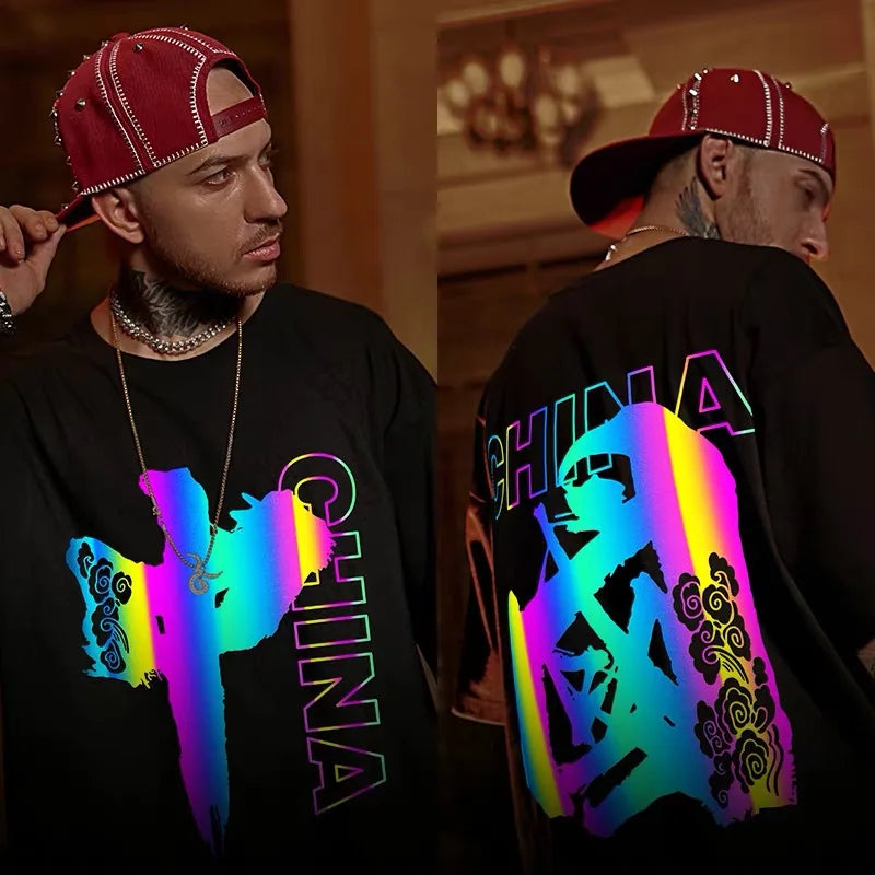 Wholesale Cotton Custom Printing Laser rainbow Reflective logo Polyester Plus Size t Shirt Blank Mens Tshirts