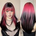 Black Pink Long Straight Synthetic Wig with Bangs Cosplay Pink Ombre Layered Wigs for Women Party Heat Resistant Natural Hair