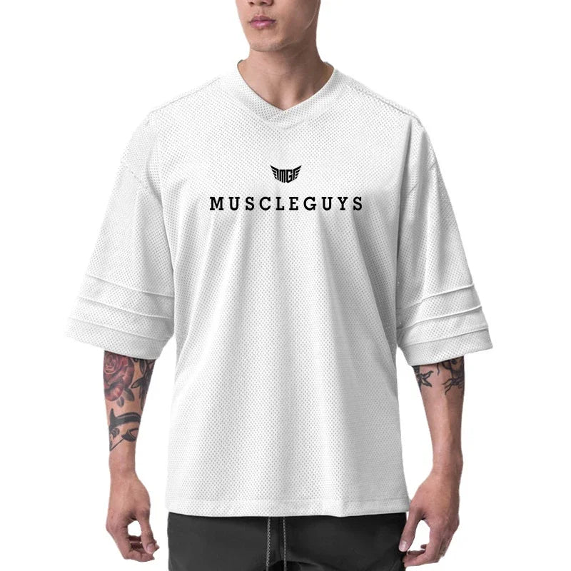 Mesh Oversized T Shirts Mens Dropped Shoulder Half Sleeve V-neck T-shirt Summer Fashion Loose Sport Tops Tees Men Fitness Tshirt