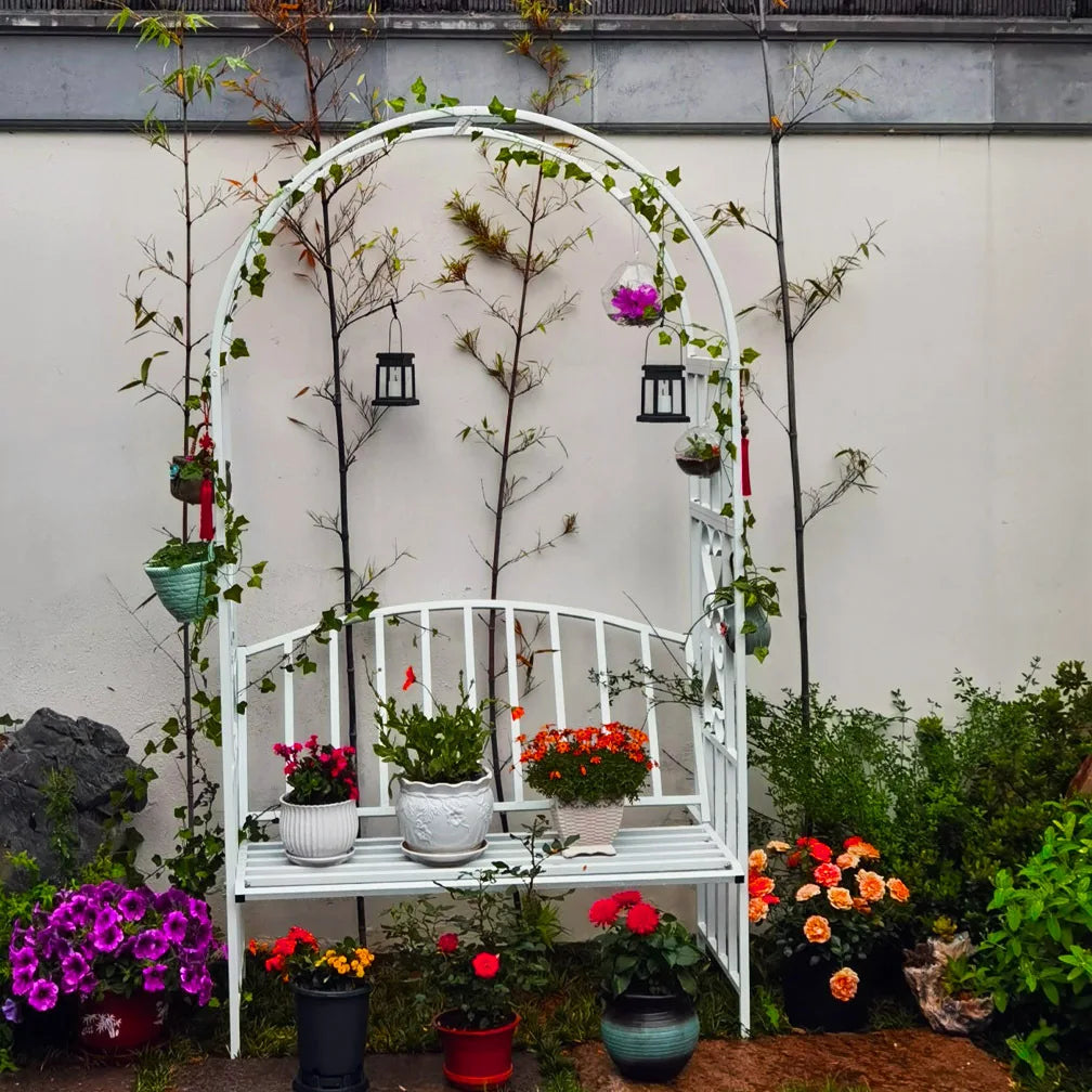 Q173 New Metal Arch Garden Chair Balcony Flower Climbing Pergola Wrought Iron Arch Flower Rack Seat Shelving