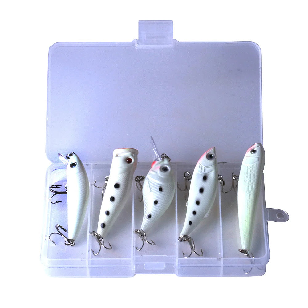HENGJIA 5PCS/Set Hard Crankbait Lure Bait Kits Topwater Luminous Minnow Set for Wholesale With Lure Box