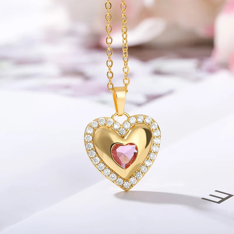 Heart Shaped Crystal Pendant Stainless Steel Necklace with Heart and Zircon for Women