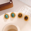 Women's Vintage Design Stainless Steel 18K Gold Plated Oval Turquoise Stud Earrings Geometric Pattern for Gift Jewelry Wholesale