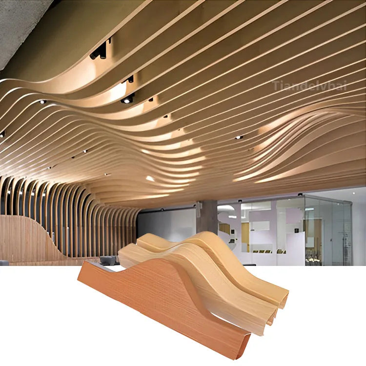 Aluminum Baffle Ceiling Interior Decoration Wood Grain Aluminum Curved Baffle Suspended Ceiling System