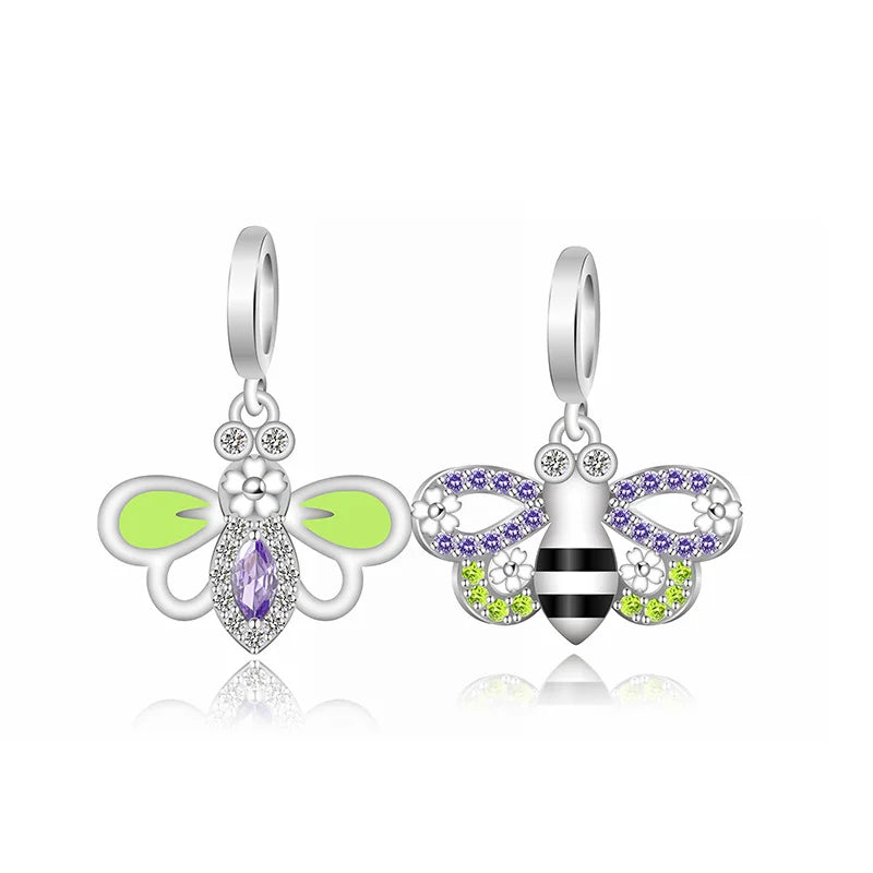 Fit Original Pan Charms Bracelet 925 Sterling Silver Flying Enamel and Zircon Honey Bee Bead for Women Jewelry Making