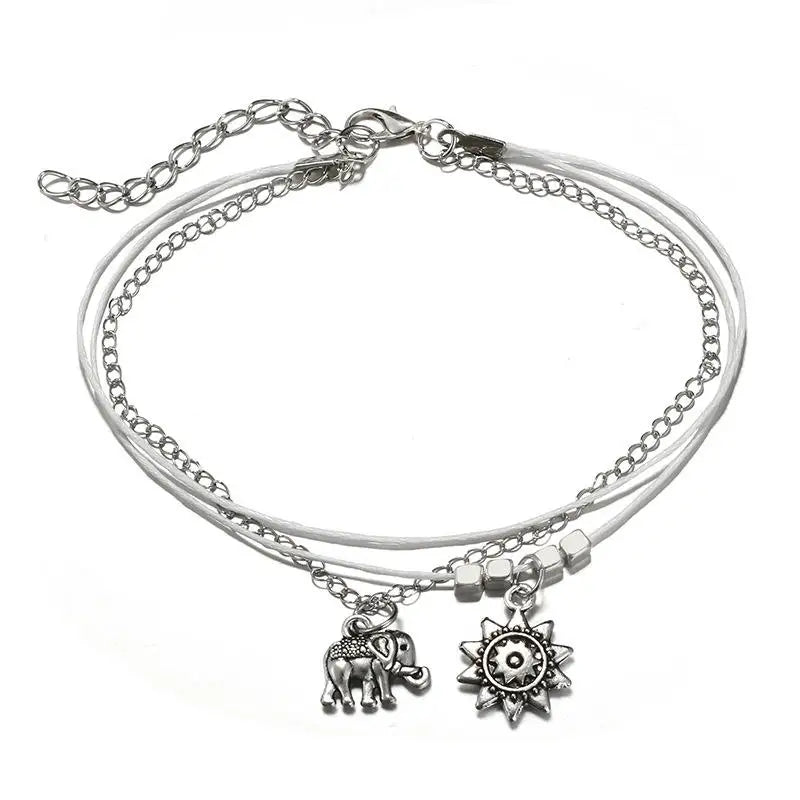 Newest Selling 2pcs Boho Beach Style Handmade Foot Jewelry Layered Rope Anklet Bracelet Sunflower Elephant Charm for Party Wear