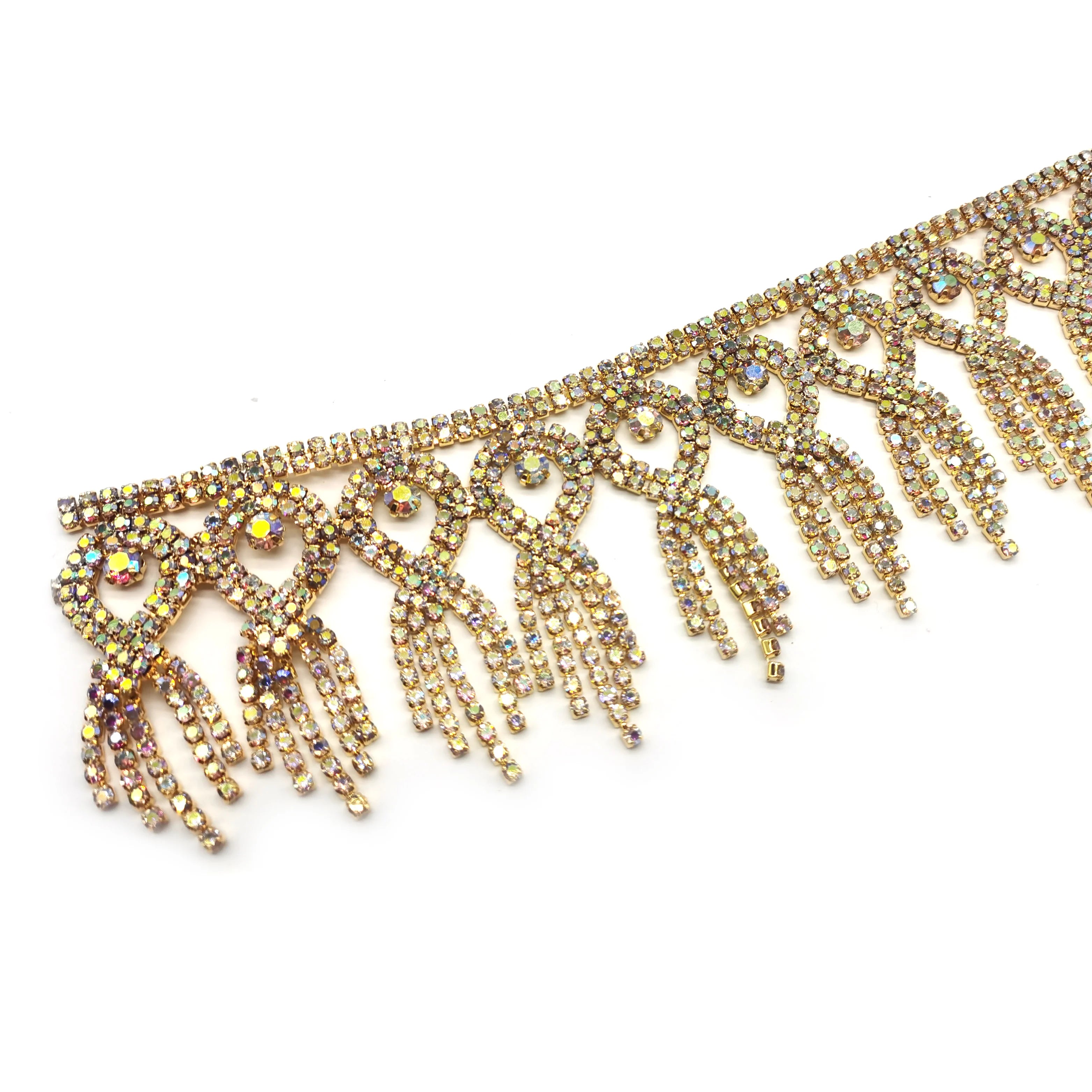 Sew on Gold Metal Rhinestone Trimming Crystal AB Rhinestone Fringe Trimming Carnival Dress Rhinestone Chain