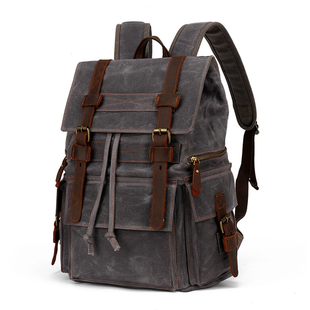 Fashion Vintage Rucksack Waterproof Waxy Canvas Backpack Durable Portable Drawstring Leather Strap Polyester for Outdoor