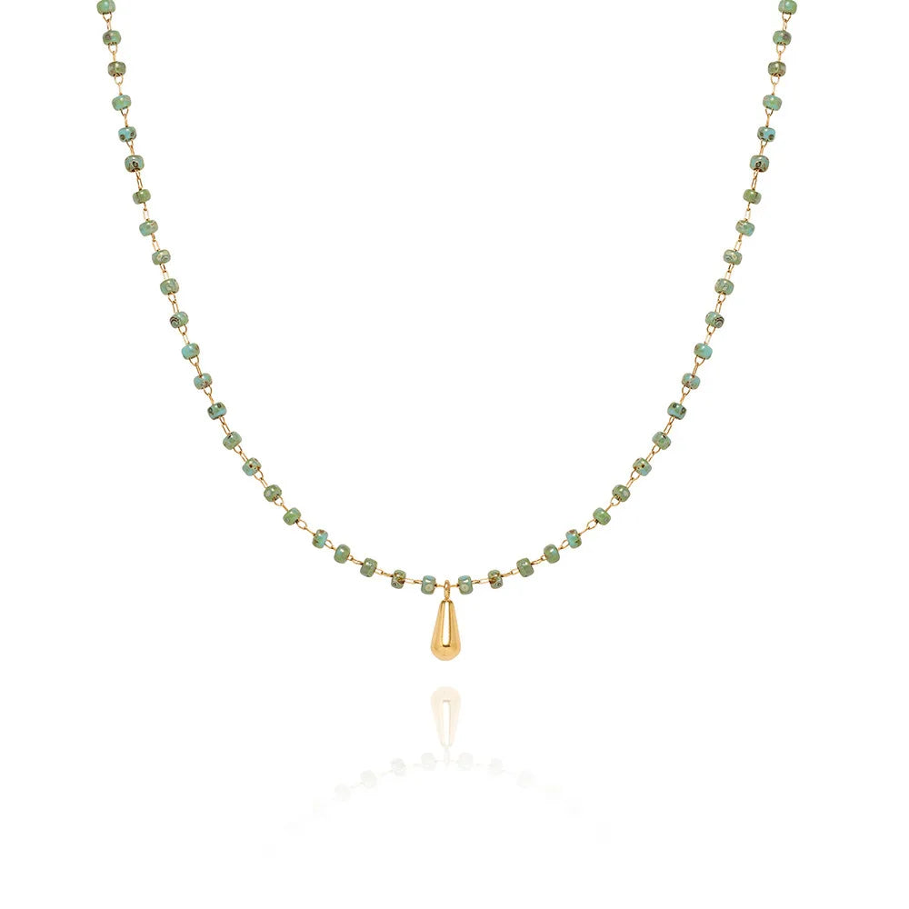 Small Rice Beads Turquoise Water Drop Titanium Steel Necklace Female Light Luxury Fashion New High-grade Sense Necklace