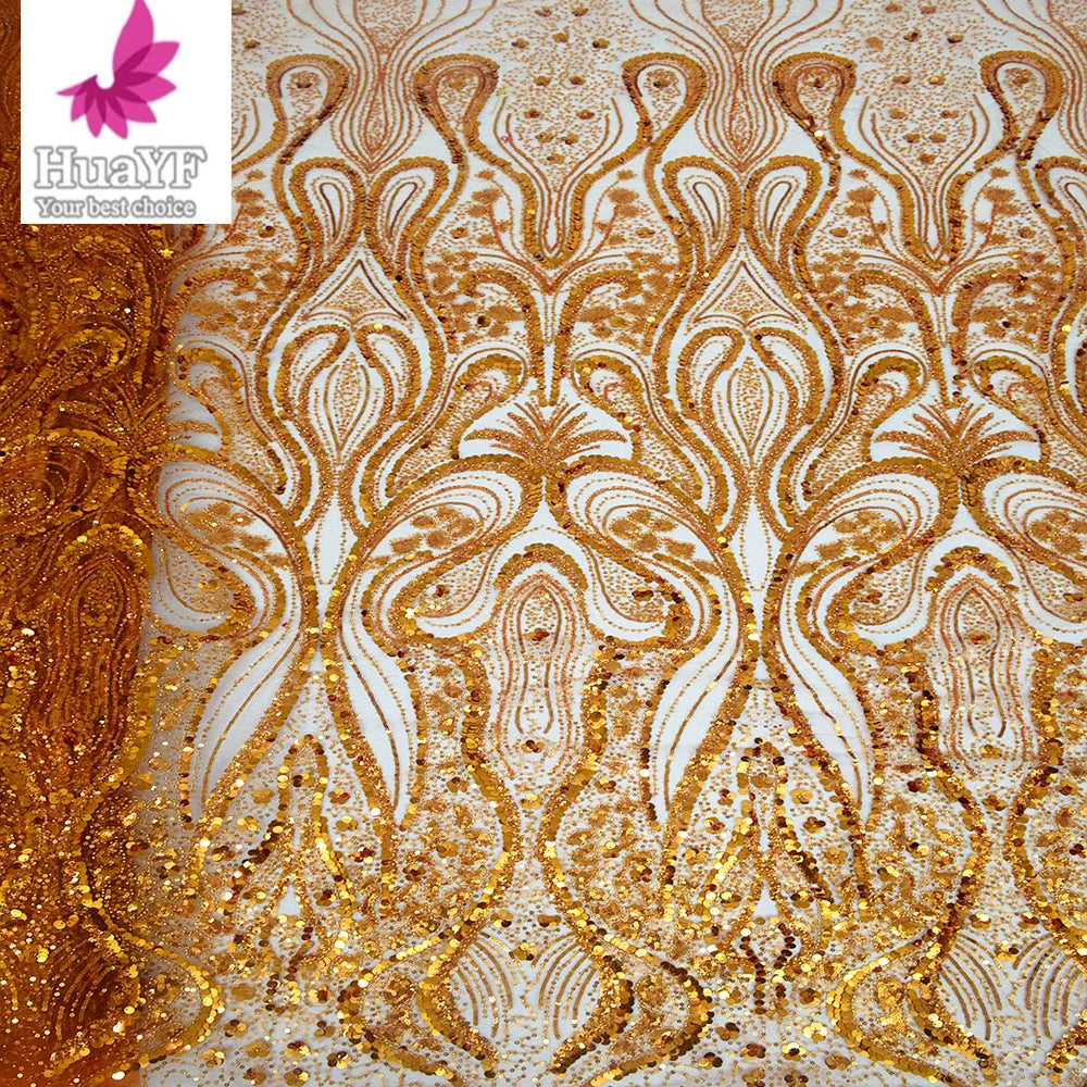 HY2244-5 New African Burnt Orange 3d Sequins High End Lace Fabric Party Dress Lace With Bead