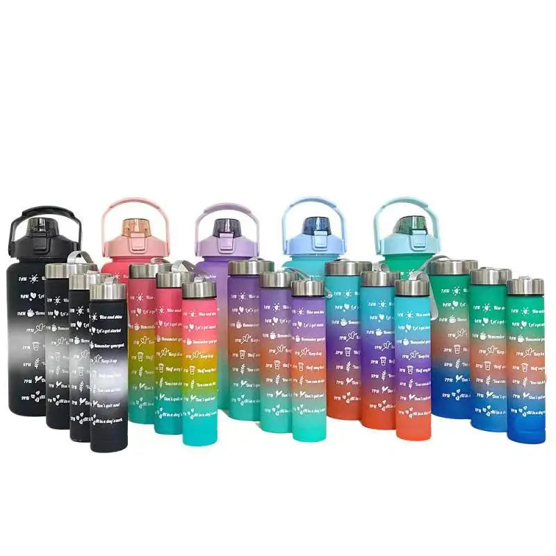 4 in 1 Gym Sports Water Bottle 4pcs Set Gradient Color Bottle Set Portable Fitness Handle Straw Motivational Bottle