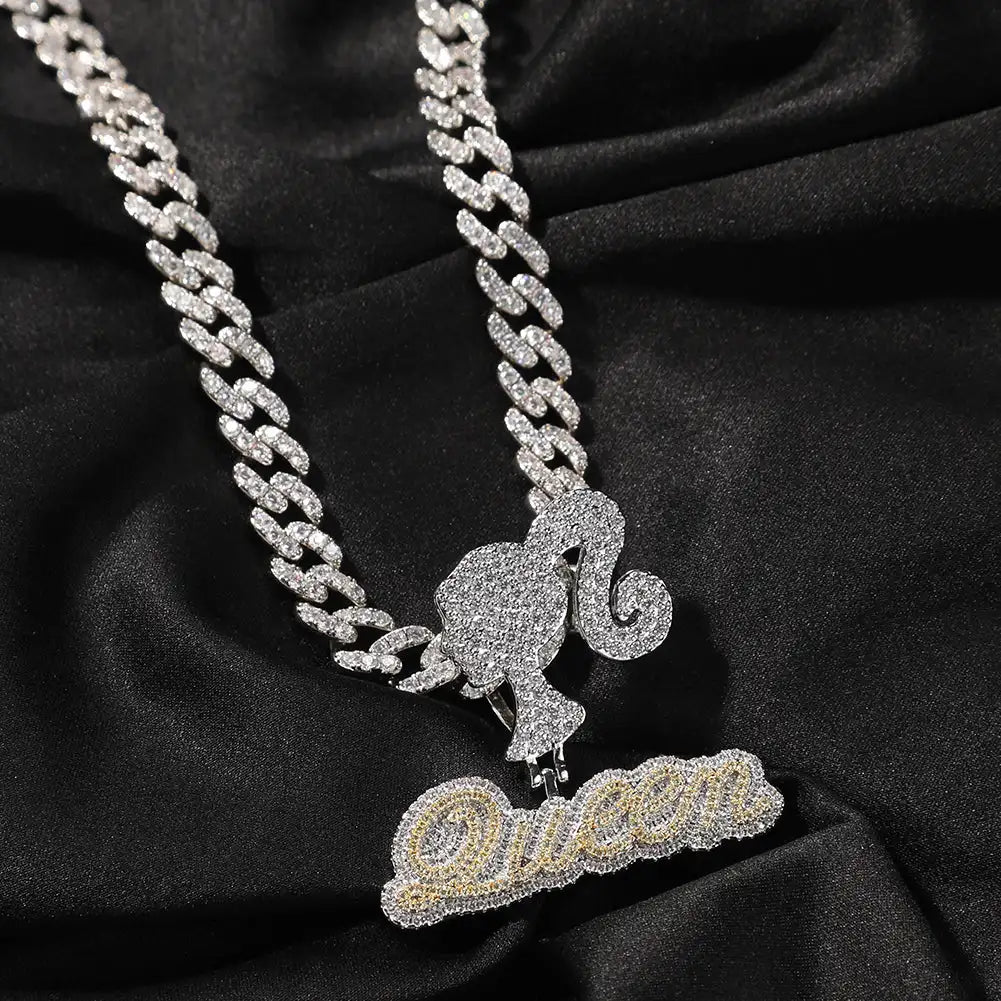 Girl Hook Personalized Name Letters Text Icy Hip Hop Custom Pendant Necklace Women Bi-color Silver Gold Plated Name Necklace