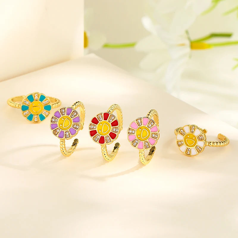 Heng Dian Sunlit Petal 18K Gold Plated Jewelry Wholesale Sunflower Zircon Rings Fashionable