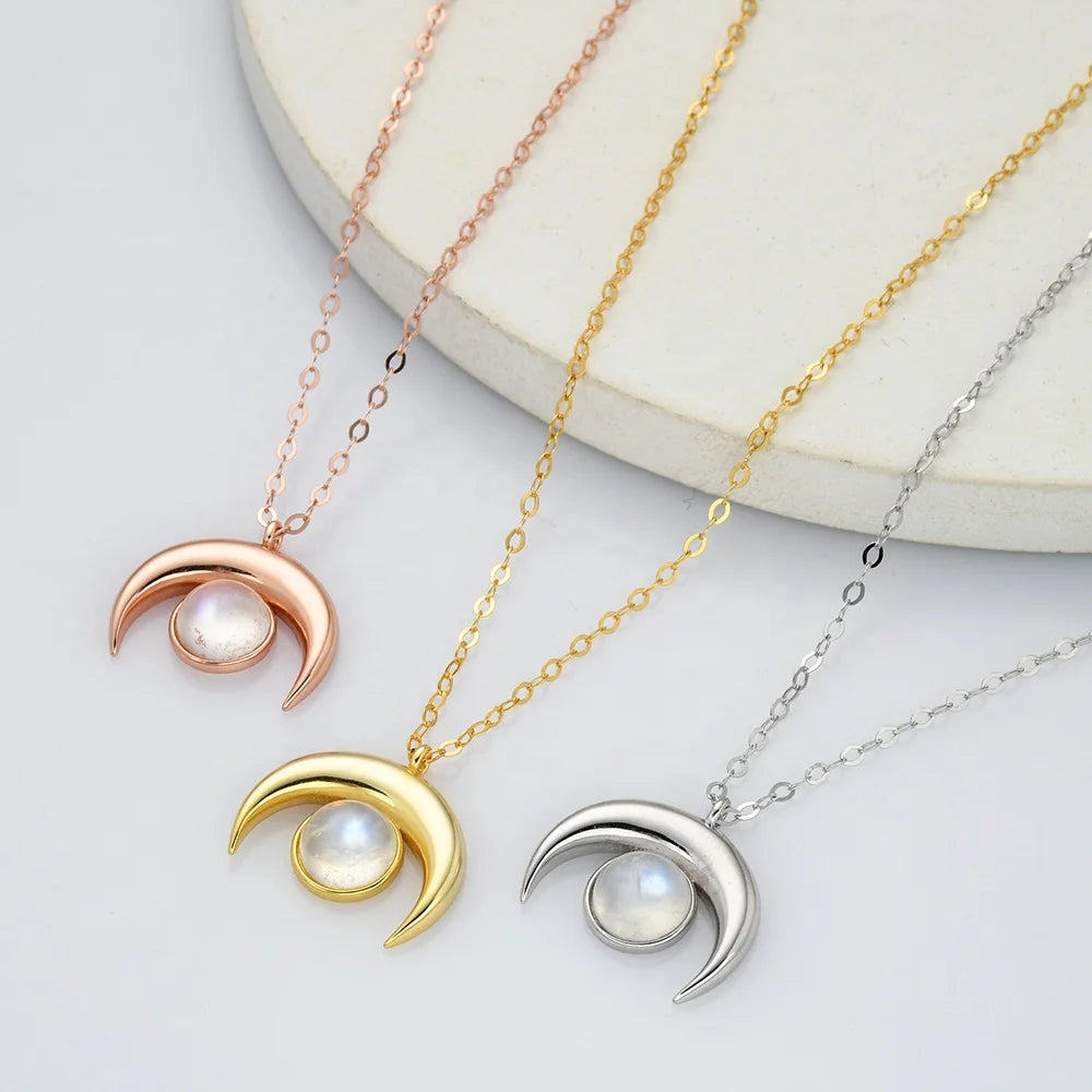 925 Sterling Silver Sun and Moon Women Luxury Fine Jewelry Genuine rainbow Moonstone Necklace