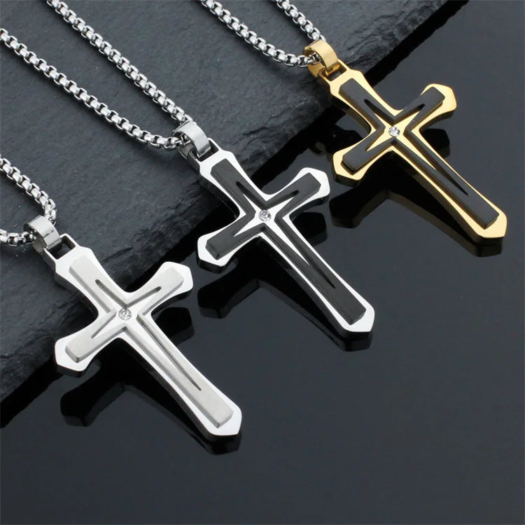 Wholesale Fashion Hip-hop Titanium Steel Statement Double Layer Diamond Cross Pendant Necklace for Men
