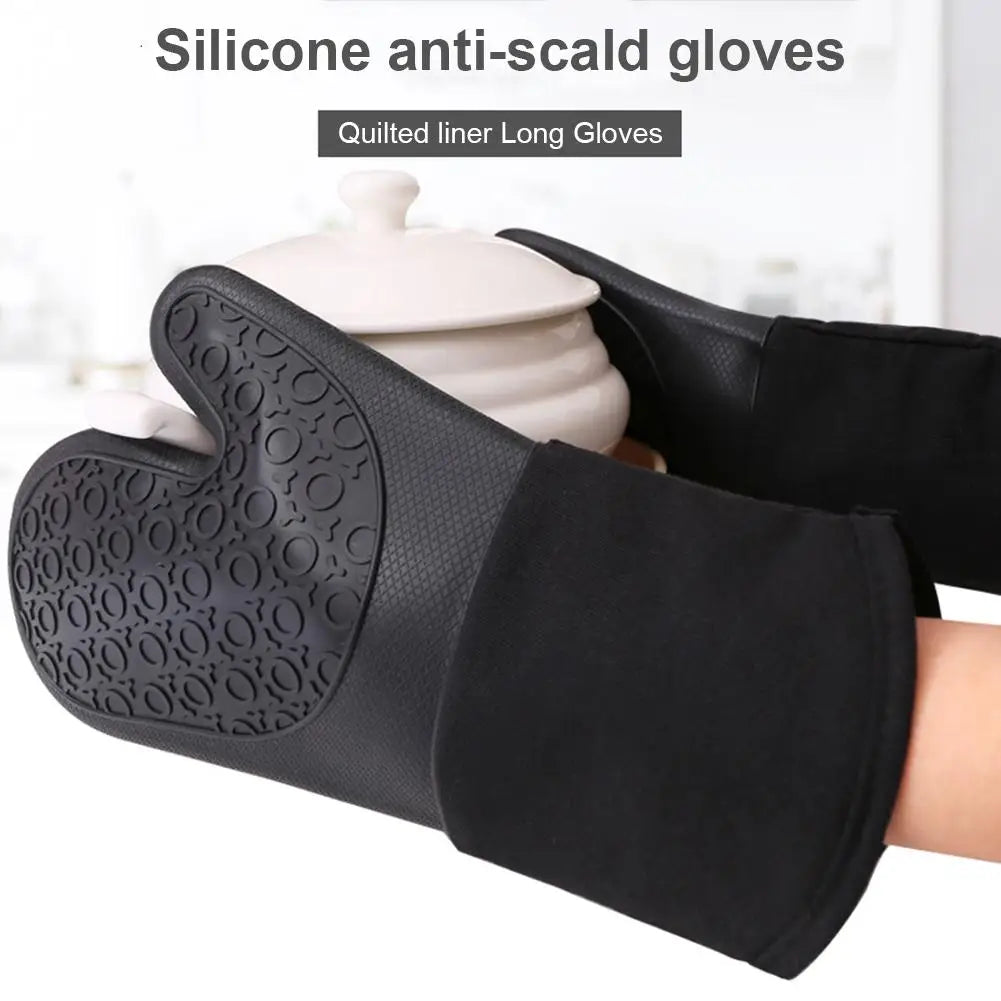 Non-Stick Silicone Oven Gloves Waterproof Heat Resistant Kitchen Gloves Long Cotton Bbq Oven Gloves for Barbecue Cooking Baking